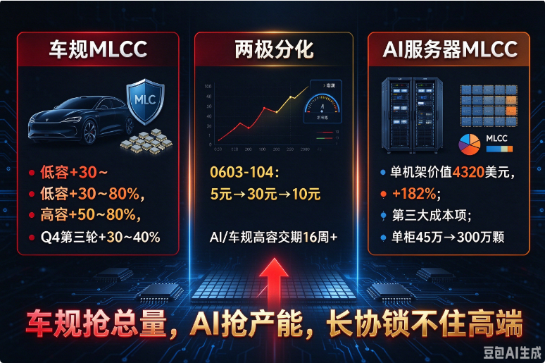 车规MLCC高低容同步大涨，AI高容跃升服务器第三大成本项