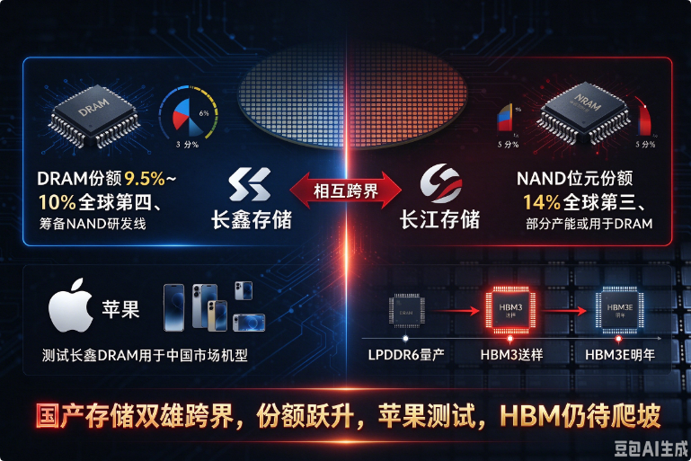 国产存储双雄互跨界：长鑫筹备NAND，长江存储份额跃居第三