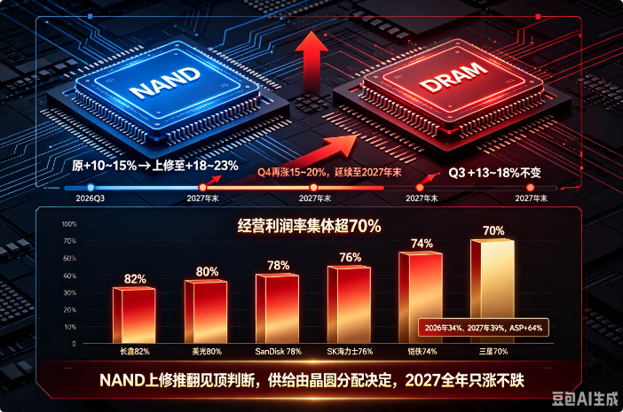 TrendForce上修NAND涨幅至18%~23%，存储涨势延续至2027年末，六大厂利润率集体超70%