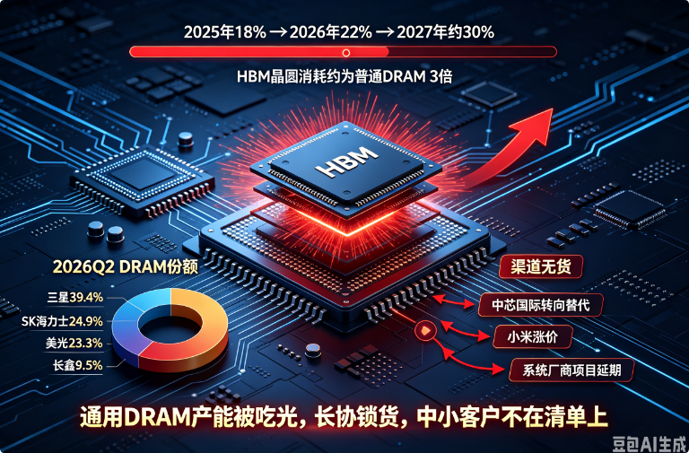 HBM投片2027年冲30%，通用DRAM产能被吃光，原厂长协锁货渠道无货