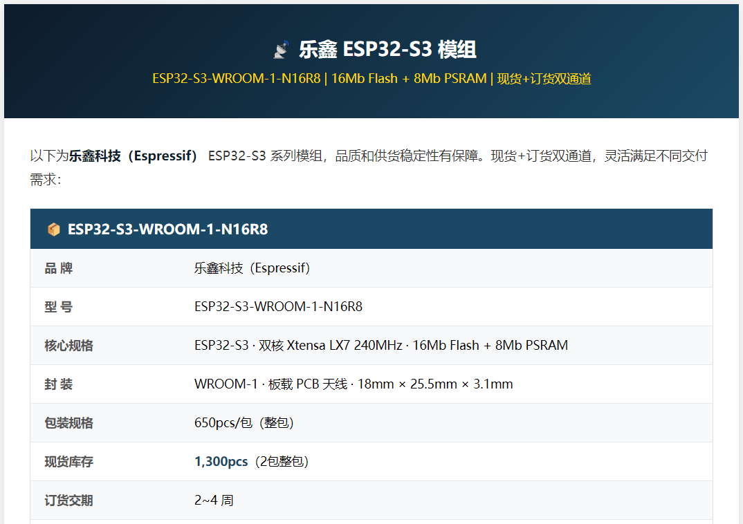 乐鑫 ESP32-S3-WROOM-1-N16R8 | 现货+订货双通道
