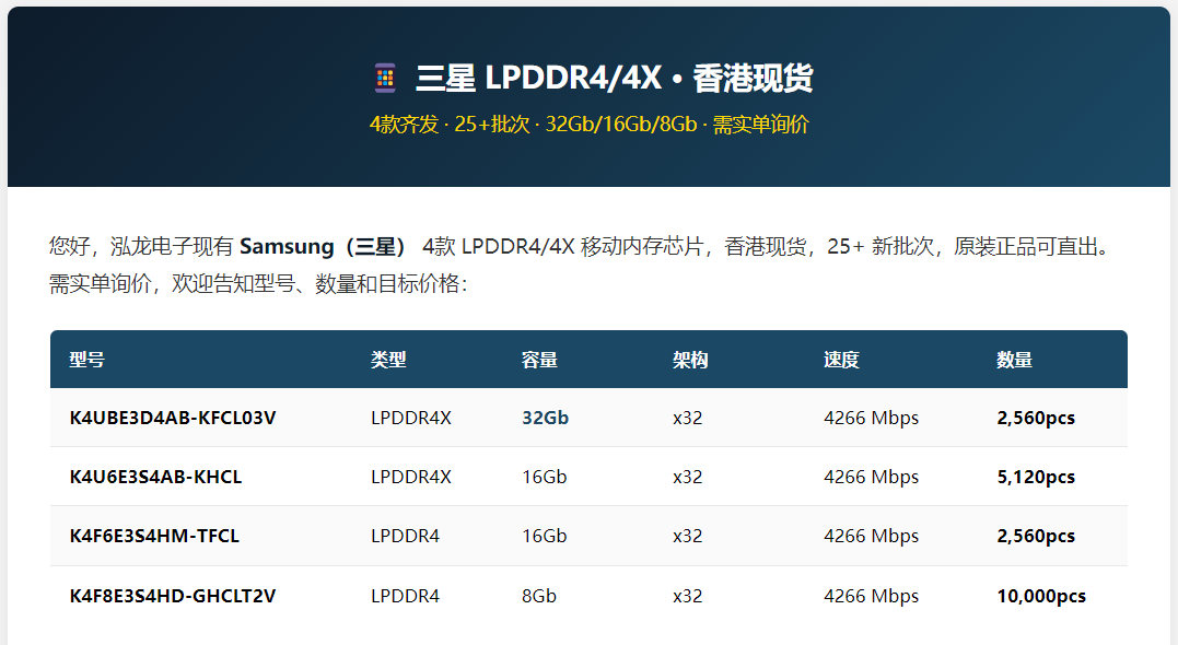 【HK现货】三星 LPDDR4/4X · 32Gb/16Gb/8Gb