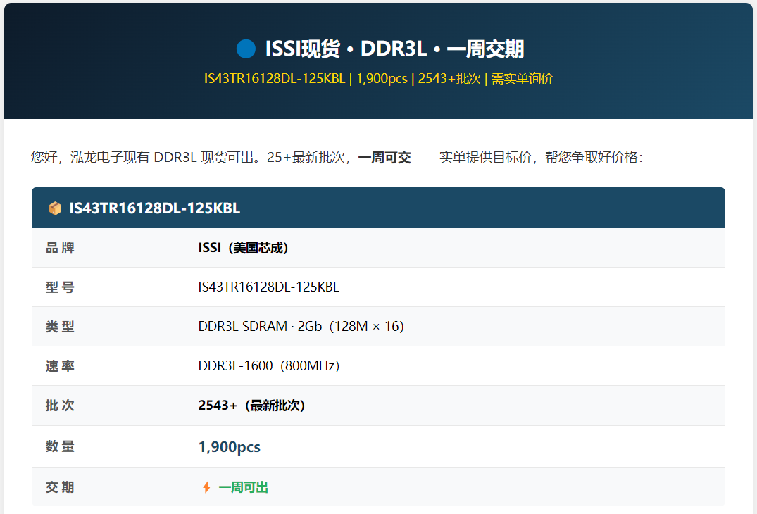 ISSI DDR3L IS43TR16128DL-125KBL · 一周交期
