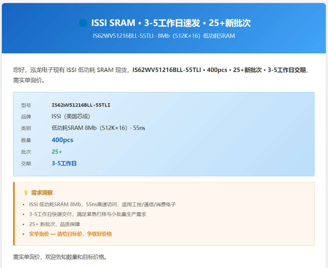 ISSI SRAM IS62WV51216BLL-55TLI · 3-5工作日交期