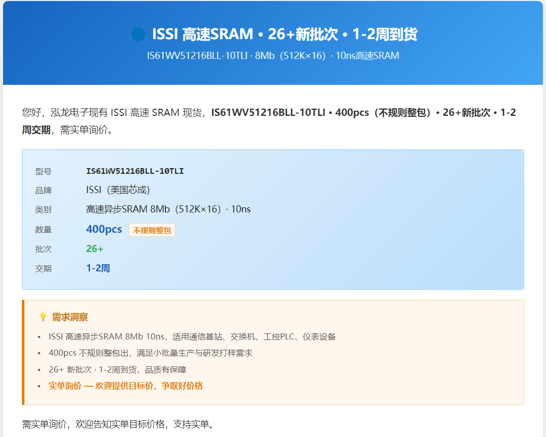 ISSI 高速SRAM IS61WV51216BLL-10TLI · 1-2周交期