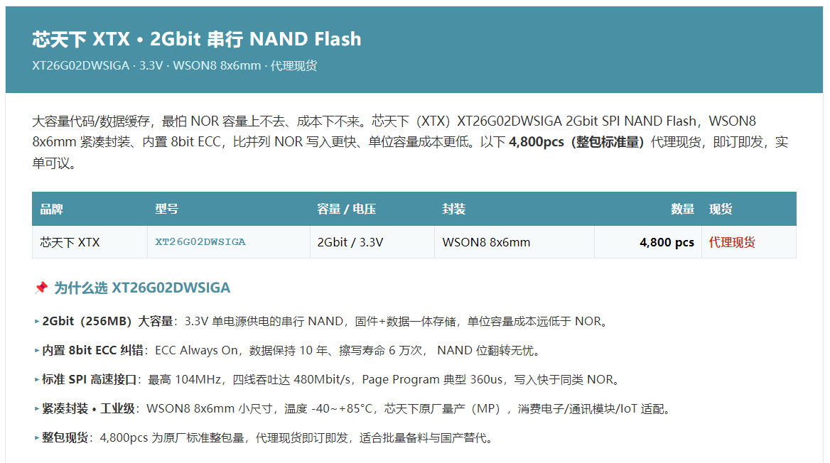 芯天下 XT26G02DWSIGA · 2Gbit SPI NAND Flash · 现货